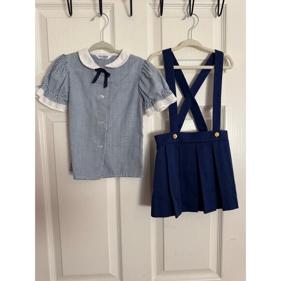 VTG Goodlad Girls Peter Pan Collar Striped Top Navy Pleated Suspender Skirt Sz 4 - Picture 2 of 11
